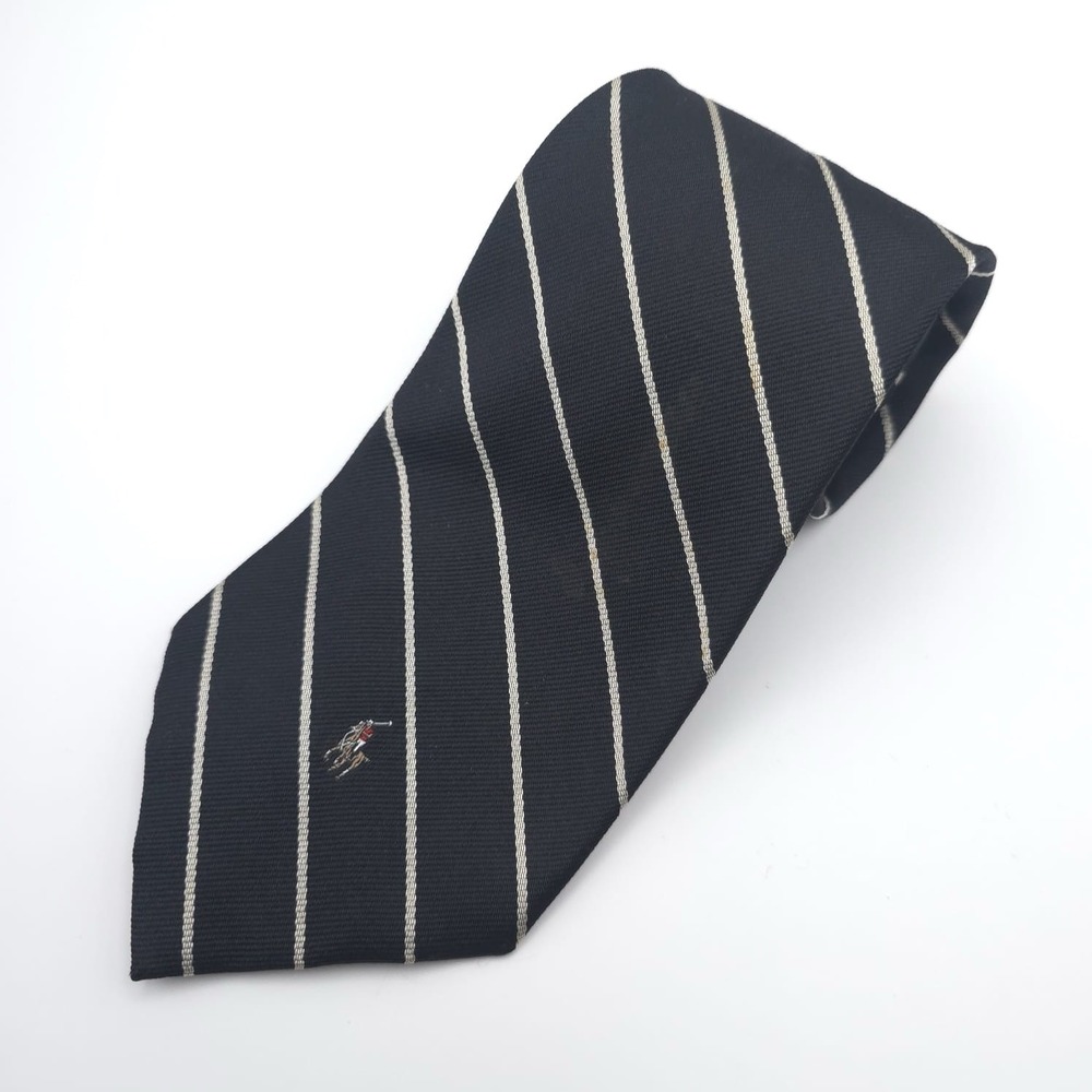 Polo Ralph Lauren 100% SILK USA Handmade Tie Black White Striped 56 inch VINTAGE